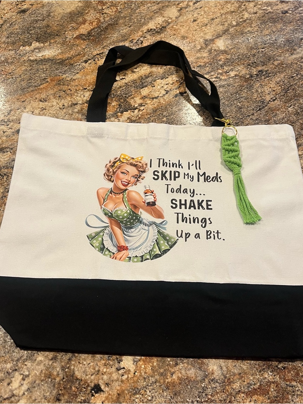 White and Black Canvas Tote Bag with Green Accent
